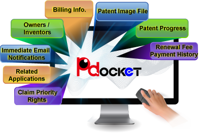 Claim Priority Rights/Related Applications/Immediate Email Notifications/Owners (Inventors)/Billing Info./Patent Image File/Patent Progress/Renewal Fee Payment History